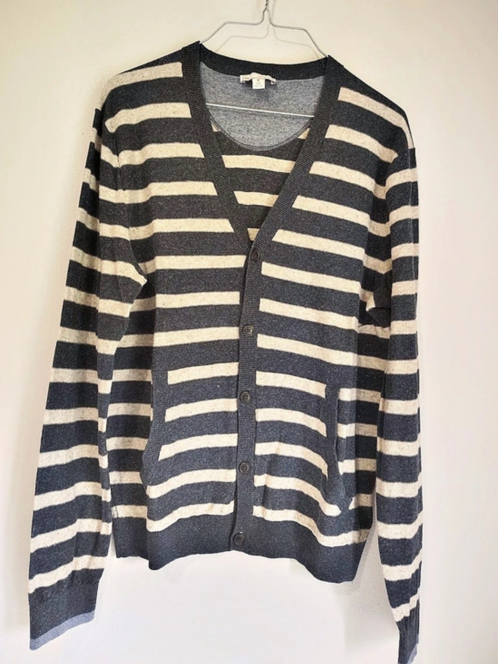 Gap Striped Button Front Cardigan in Dark Blue  & Beige Cotton &Linen Size M